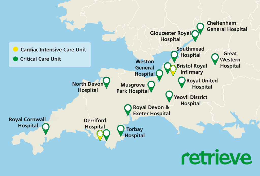 Map showing the South West of England and the hospitals covered by the Retrieve service